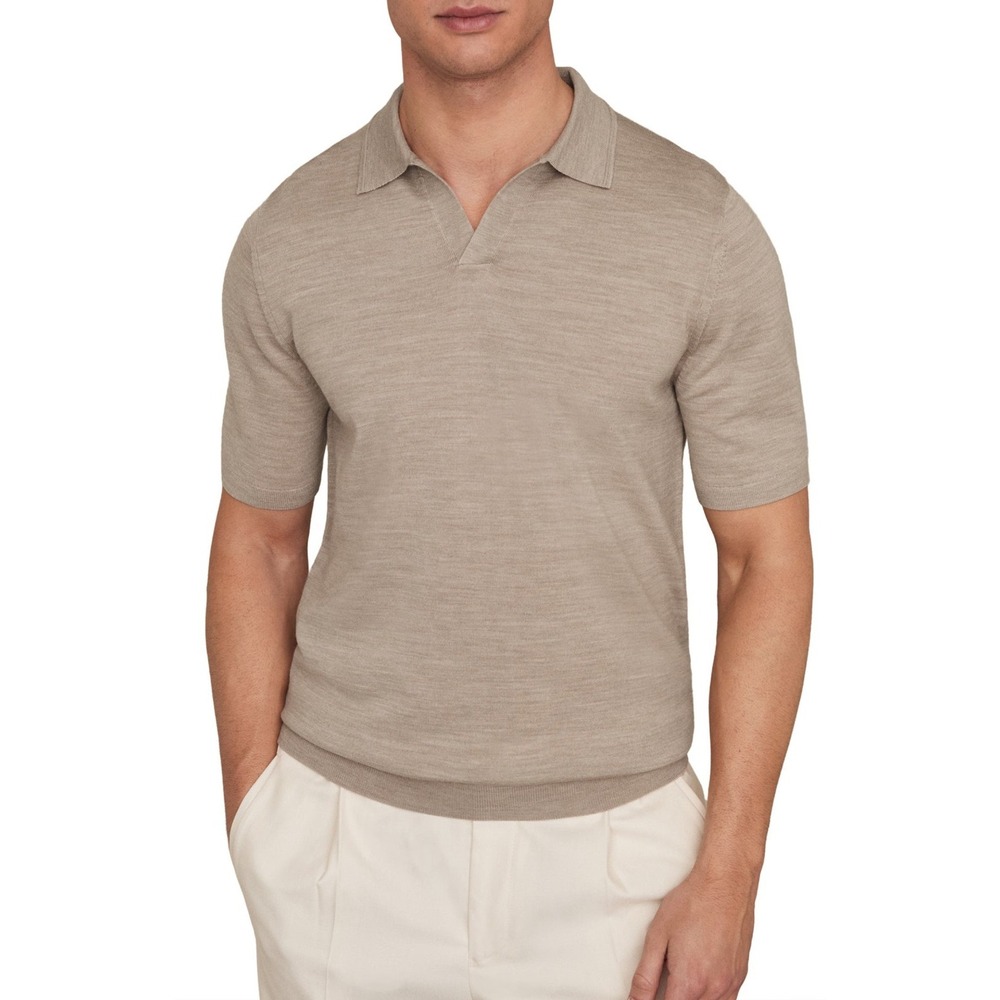 Reiss Men's Taupe Duchie Johnny Collar 100% Merino Wool Polo Sweater Size L